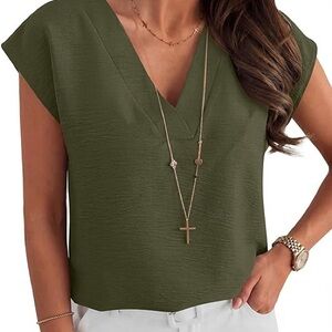 ANRABESS Women’s V-Neck Short Sleeve Top — Olive Green